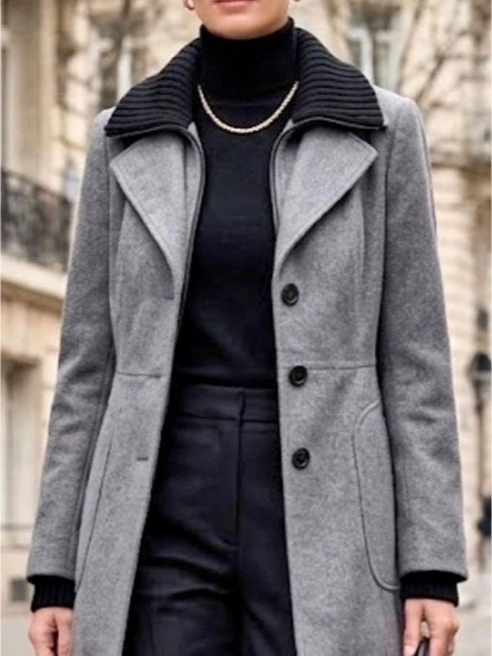Calvin Klein Wool Blend Walker Coat with Knit Bib Gray & Black